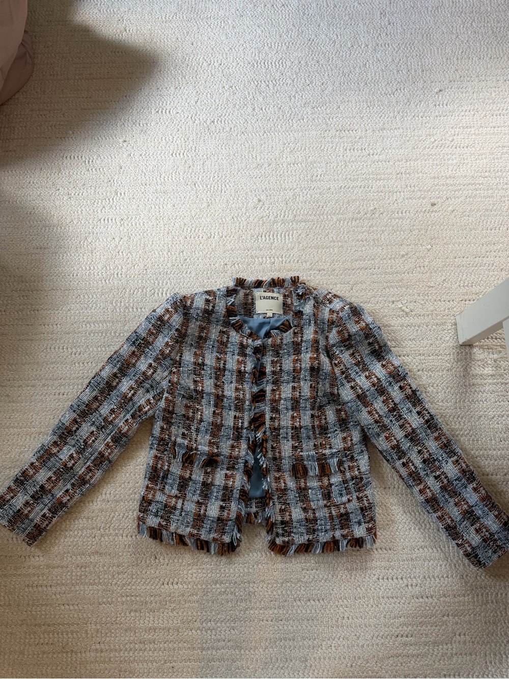 L'AGENCE Blue and Brown Tweed Fringe Jacket - Picture 2 of 4